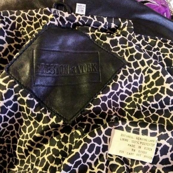 Vintage PRESTON & YORK Oversized Black Lambskin Leather Blazer Leopard Detail - Picture 4 of 5